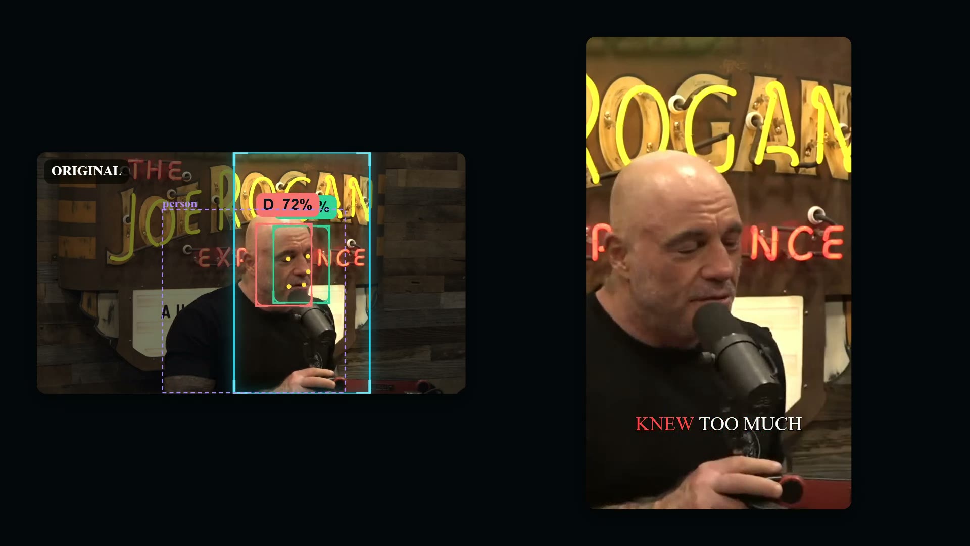 Before and after: a 16:9 recording reframed to a vertical clip with the speaker face-tracked